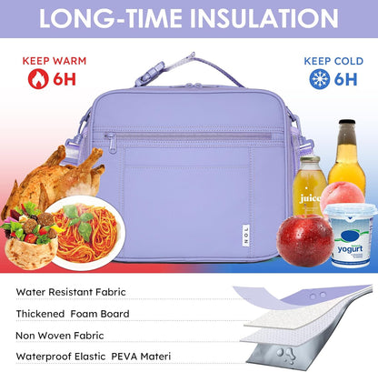 NOL Kids Lunch Bag -Kids 3+ Reusable Insulated Lunch Box with Zipper Closure Buckle Handle Adjustable Long Shoulder Strap, Easy-Clean Waterproof Fabric, Children Lunch Tote Bag for School-Light purple