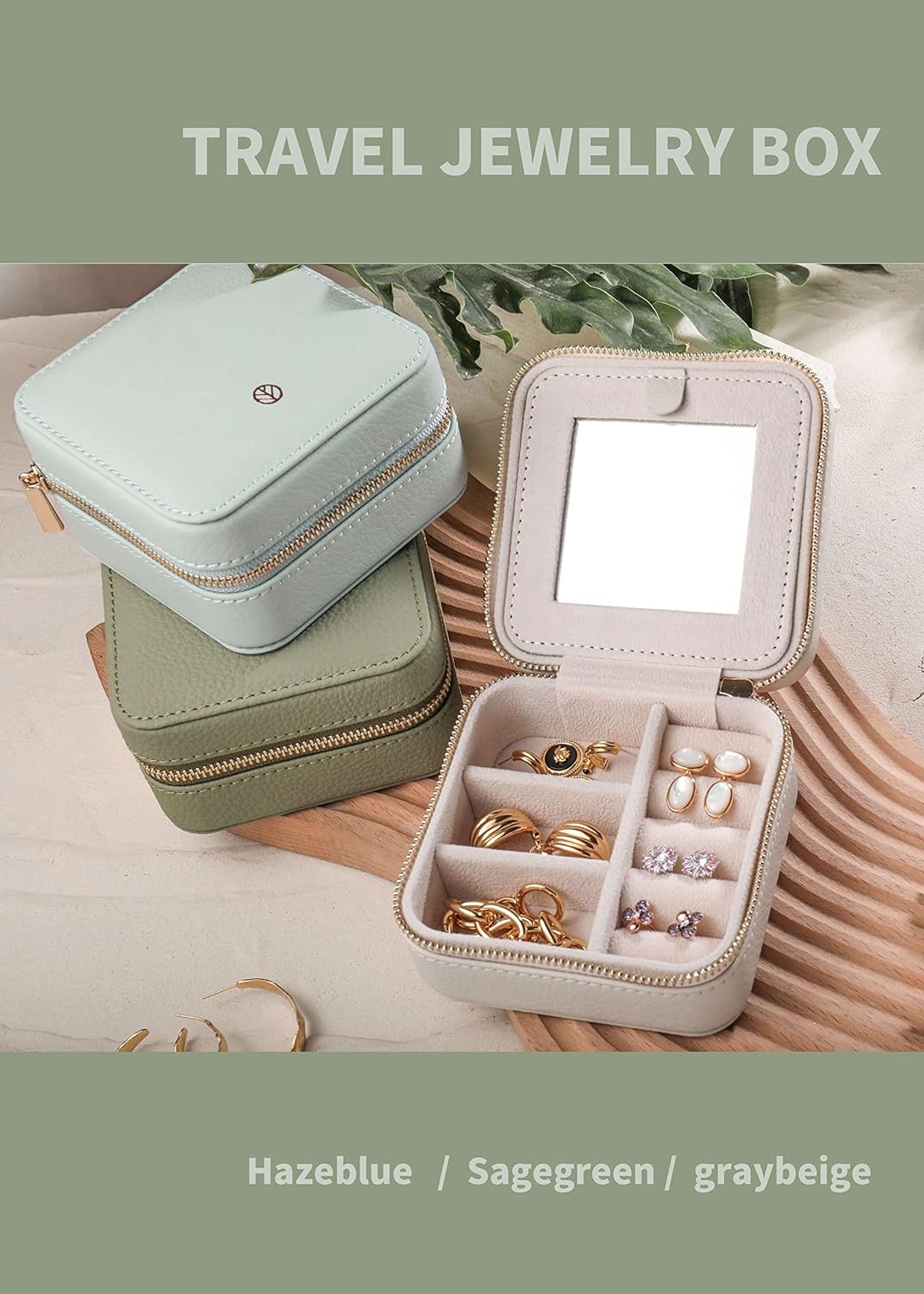 S.Leaf Mini Jewelry Case - Portable Travel Jewelry Box for Women (01 Lychee Sage Green)