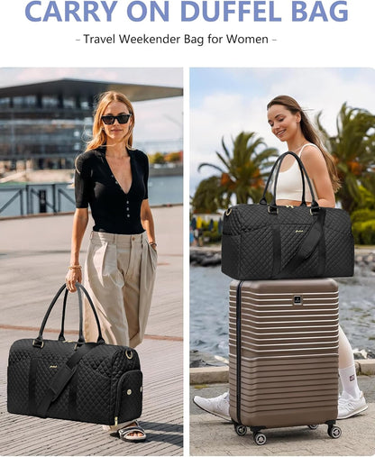 Weekender Travel Duffle Bag for Women - Carry on Bag with Shoe Compartment Overnight Bags with Wet Pocket Toiletry Bags Weekend Yoga Gym Traveling Hospital Bags for Labor and Delivery Black