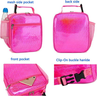 FlowFly Kids Lunch box Insulated Soft Bag Mini Cooler Back to School Thermal Meal Tote Kit for Girls, Boys, PU Pink