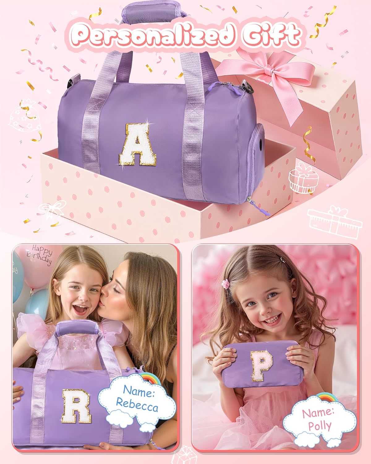 Birthday Gifts for 3 4 5 6 7 8 9 10 11 12 Year Old Girls-Girl Gym Bag with Shoe Compartment, Kid Personalized Weekender Overnight Bags, Initial Travel Tote with Makeup Pouch (Letter B)