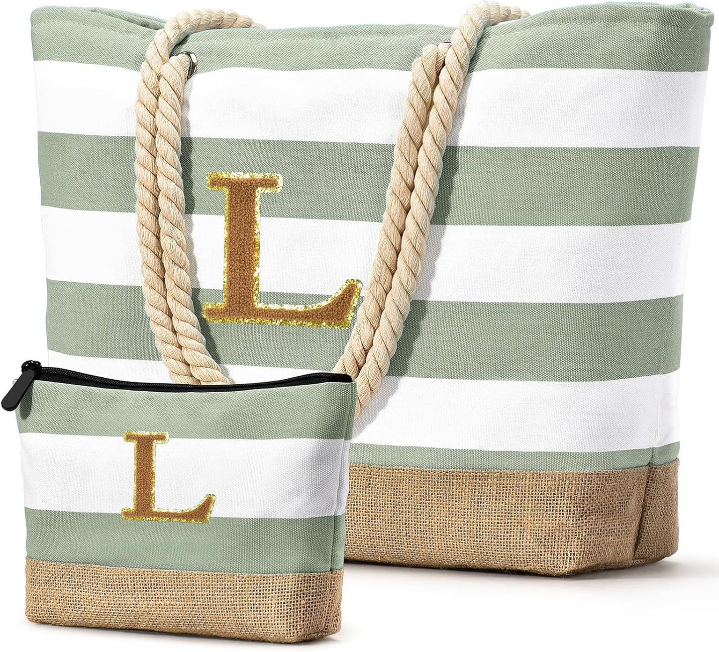 Becokan Beach Bag Initial Beach Tote with Makeup Bag for Travel Work Storage Personalized Birthday Gifts for Women Her