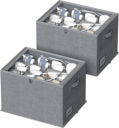 2 Pack Shoe Organizer for Closet - Shoe Storage Bins with Clear Cover, Fabric Shoe Storage Containers with Reinforced Handles, Fits up to 24 Pairs (Grey, 16.5 * 12.6 * 12.2in)