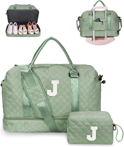 Gifts for Daughter Age 8 9 10 11 12 13 14-Initial Travel Bag with Shoe Compartment, Personalized Weekender Bag for Women, Kids Overnight Bag, Letter Travel Bag with Makeup Bag (Letter J)