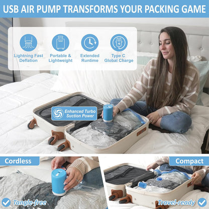 Cozy Essential Travel Vacuum Storage Bags with Portable Electric Pump, Vacuum Seal Space Saver Bags for Clothing and Luggage, 12 Pack