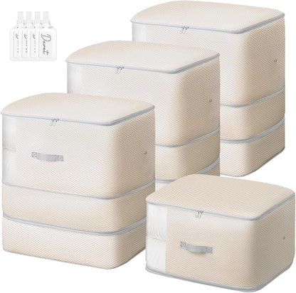 Comforter Storage Bag - 130L Large Capacity Blanket Storage Bags 3-Layer Ultra Space Saving Self Compression Organizer, Washable Compression Bags for Storage Comforter Blanket, 4-Pack, Beige