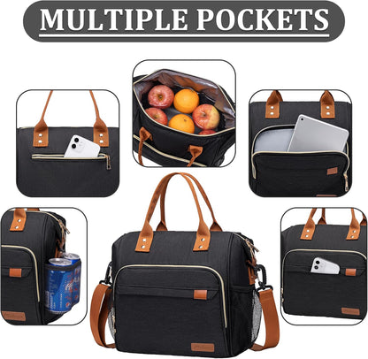 Black Lunch Box for Women Insulated Lunch Bag for Work - Adult Stylish Lunch Tote Bag for Shopping Soft Cooler for Beach Picnic Travel