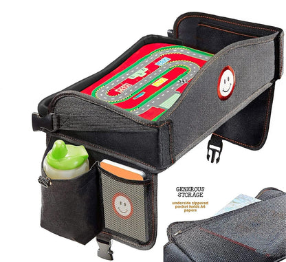 Coolmum Kids Travel Tray, Toddler Car Seat Tray, Double Sided Activity Organizer, Snack Lap Tray, Baby Stroller Table, Airplane Play Table, Waterproof and Foldable (Premium Black)