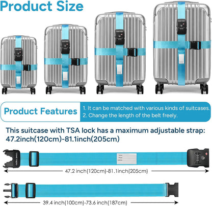 Travel Inspira Luggage Straps TSA Approved with TSA Lock Adjustable Luggage Straps Combination Lock for Suitcase Nylon Suitcase Travel Belt‎ TSA Approved Buckle Included Tags identifiers (Blue)