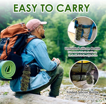 Collapsible Travel Water Bottle, Reuseable Silicone Foldable Water Bottles for Gym Camping Hiking, Portable Leak Proof Sports Water Army camouflage Bottle with rugby grenade Carabiner (Red)