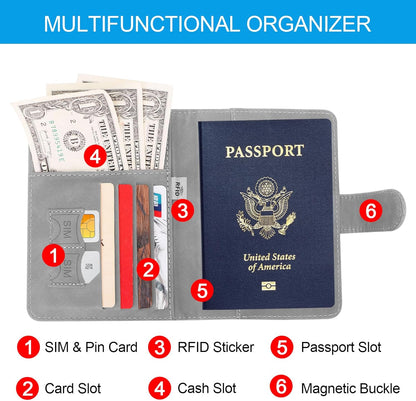 Passport Holders, RFID Blocking Credit Card Holder, PU Leather Vaccine Card Holders for Travel with Magnetic Buckle, Travel Must Haves Cruise Ship Essentials for Men, Women (Grey)