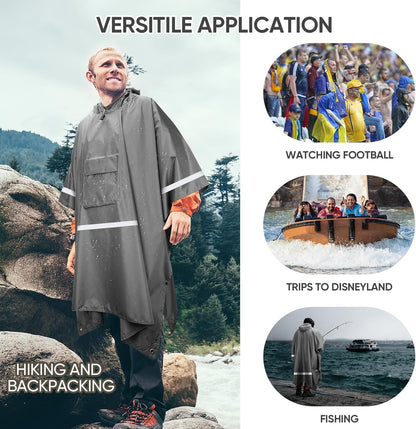 PTEROMY Hooded Rain Poncho for Adult with Pocket, Waterproof Lightweight Unisex Raincoat for Hiking Camping Emergency