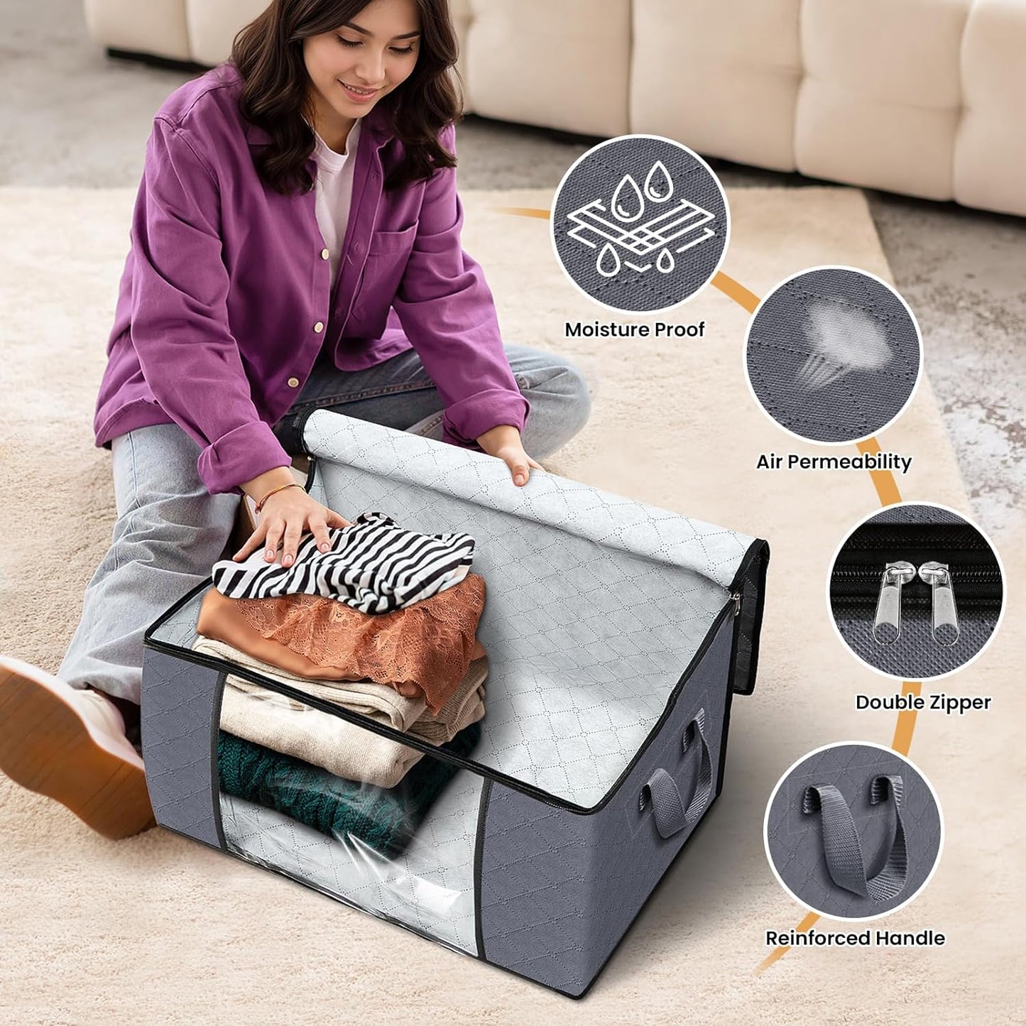 Fab totes 4 Pack Clothes Storage, Foldable Thick Fabric Blanket Storage Bags, Containers for Organizing Bedroom, Closet, Clothing, Comforter,Closet Organization with Handle,Grey