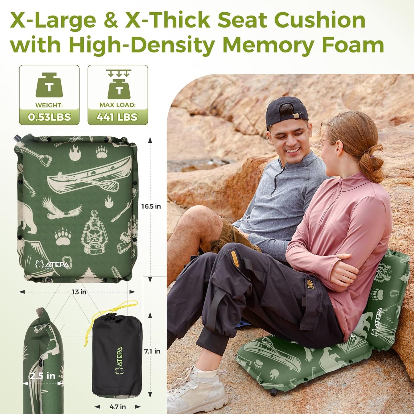 ATEPA Inflatable Stadium Seat Cushion, Self-Inflating Memory Foam Stadium Seats Bleacher Seat Chair Cushion Pad for Airplane Travel Backpacking Sports Events