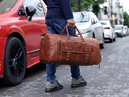 24 Inch Leather Duffle Bags for Men Large Full-Grain Buffalo Leather Overnight Gym Bag, Luggage Weekend Travel Bag for Men & Women, Carry On Airplane Cabin Bag with Shoe Compartment