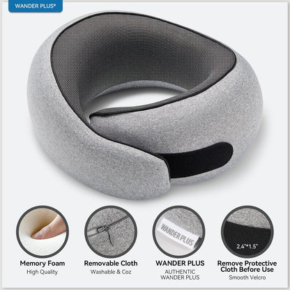 WANDER PLUS® Travel Neck Pillow, Pure Memory Foam Neck Pillow for Airplanes, Comfortable Breathable Cover, 360 Degree Support Ergonomic Design Best for Sleeping Plane Train Travel Essentials Max Grey