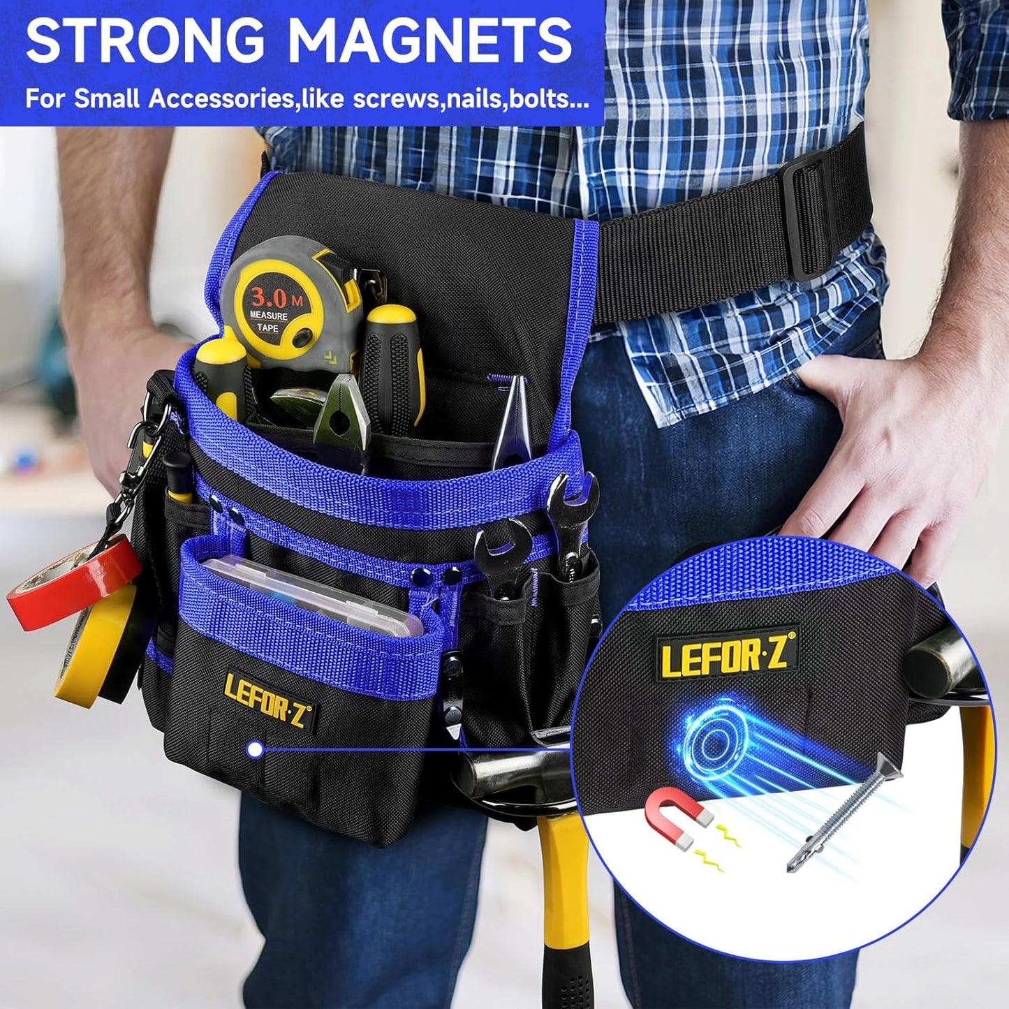 Tool Belt,Magnetic Tool Pouch,14-Pockets Tool Belts for Men,Detachable & Adjustable Tool Pouch belt for Electrician,Carpenter,Construction,Work Apron,Utility Belt,Black-Blue