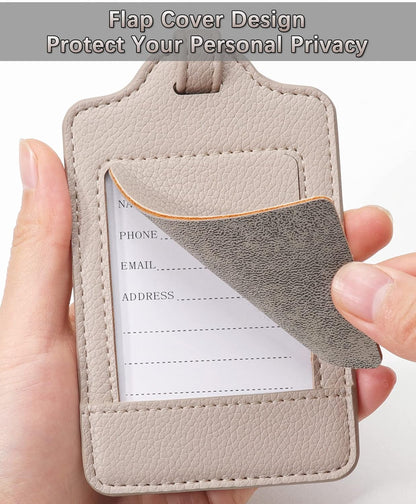 Teskyer Luggage Tags, 3 Pack Premium PU Leather Luggage Tags for Suitcases, Privacy Protection Travel Bag Tags, Lichee Beige