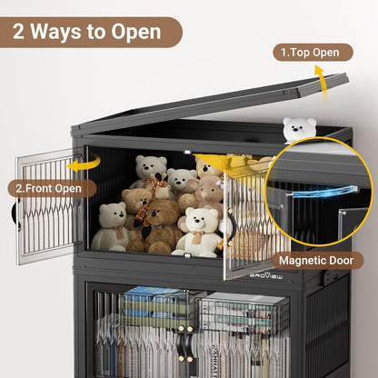 BROVIEW 480Qt Stackable Storage Bins with 4 Lids, Extra Large Closet Organizer Collapsible Drawer Boxes with Wheels, Folding Plastic Cabinet Containers for Home Kitchen Room Organization, 4Pack Black