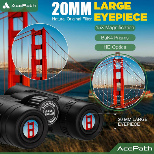 15x56 Binoculars for Adults High Powered - Large View Waterproof Binoculars with Clear Low Light Vision - Compact Binocular Essentials for Hunting Camping Cruise Travel Bird Watching Sports