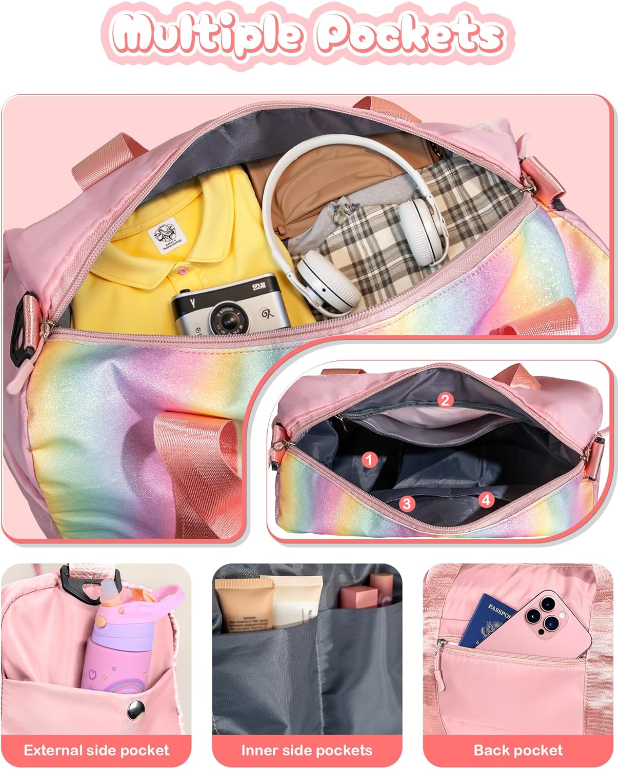 Easter Gifts for Teens Girls-Girl Gym Bag with Shoe Compartment, Kid Personalized Weekender Overnight Bags, Initial Travel Tote with Makeup Pouch, Gift for 3 4 5 6 7 Year Old Kids (Letter T)