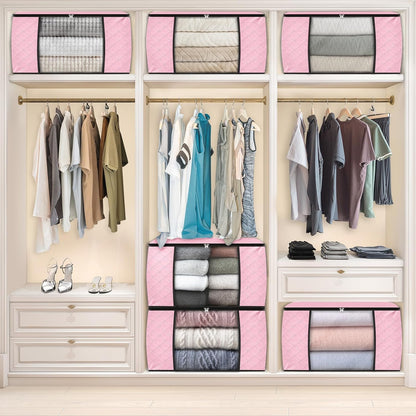 Fab totes 6 Pack Clothes Storage, Foldable Thick Fabric Blanket Storage Bags, Containers for Organizing Bedroom, Closet, Clothing, Comforter, Organization with Handle,Pink