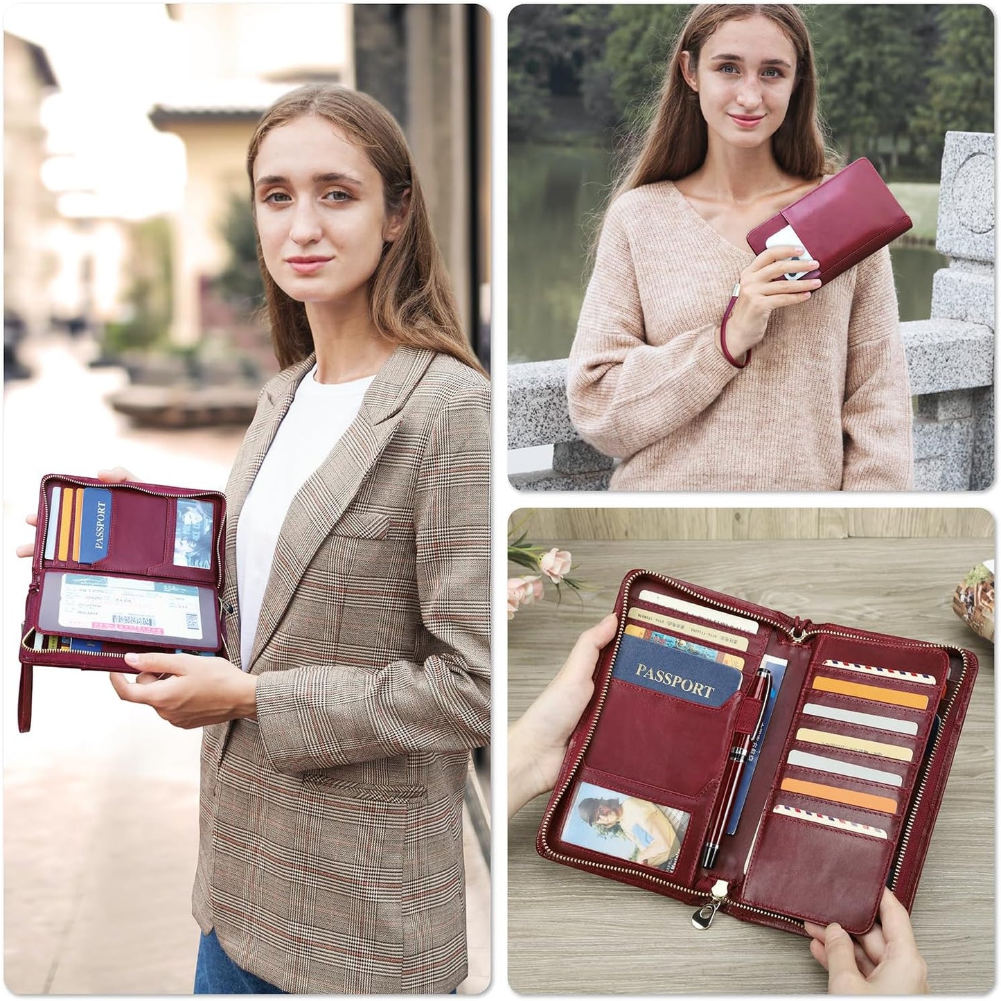 Top Grain Leather Travel Passport Wallet Holder for Man & Woman, Handmade with Three-Layer for 4 Passports & Multi Cards, RFID Blocking Large Capacity for Cards/Passports/Tickets, Burgundy