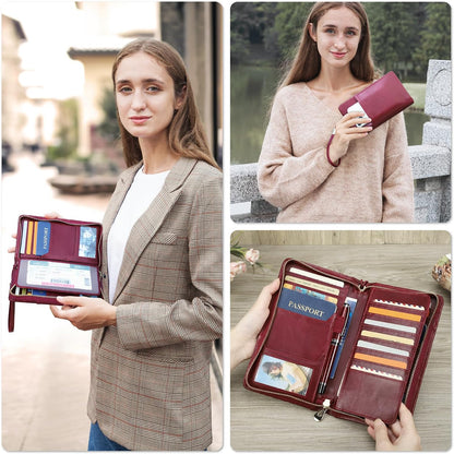 Top Grain Leather Travel Passport Wallet Holder for Man & Woman, Handmade with Three-Layer for 4 Passports & Multi Cards, RFID Blocking Large Capacity for Cards/Passports/Tickets, Burgundy