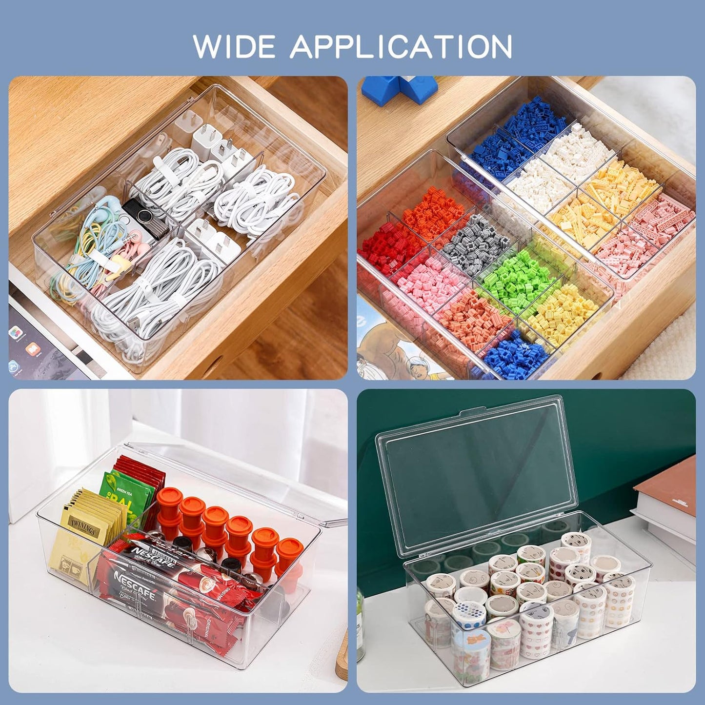 Yesesion Clear Plastic Cord Organizer Box with Adjustment Compartments, Large Cable Management Case with Lid and 10 Wire Ties for Desk Drawer, Home Office, Art Supply, Electronic Accessories (1 PACK)
