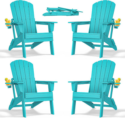 Folding Adirondack Chair - Extended Ergonomic Backrest, Cup Holder - Easy Assembly - Durable HDPE Plastic, Weather Resistant & Maintenance-Free - Lawn, Patio, Deck Supports 380lbs Aruba