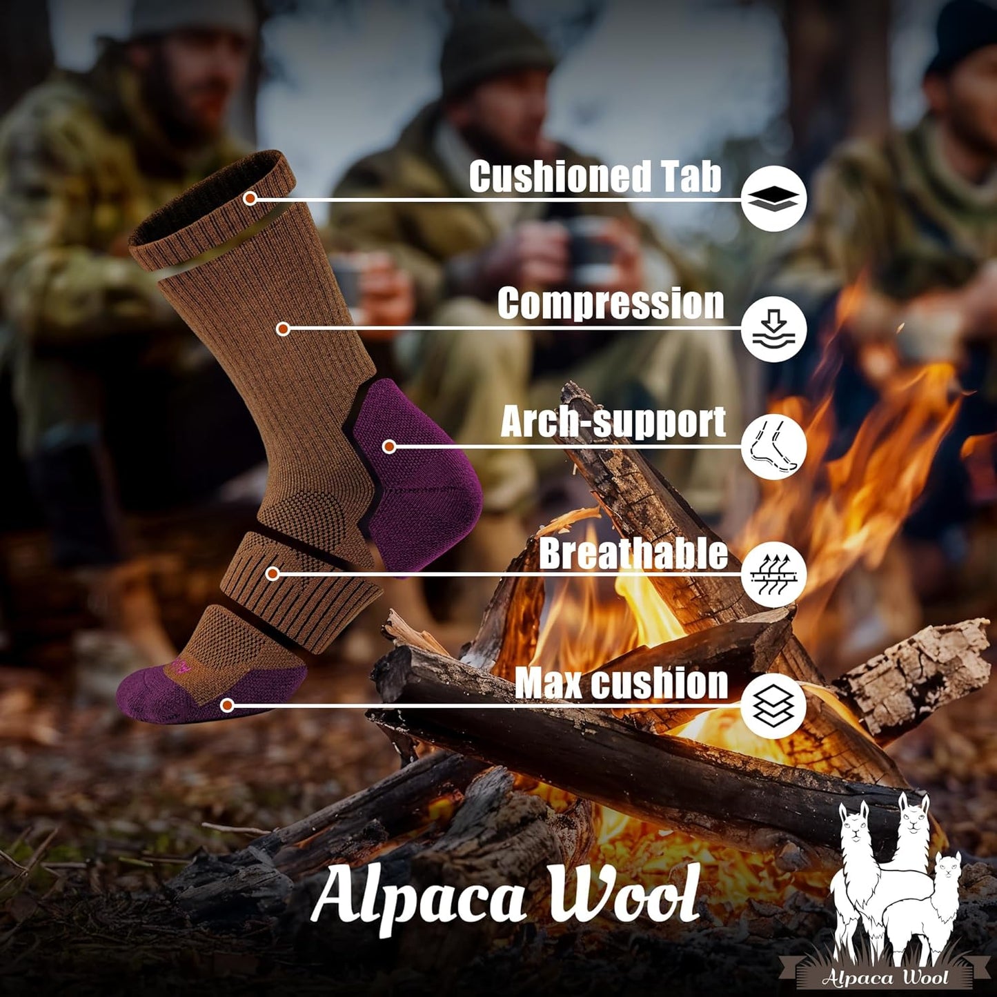 Alpaca Wool Hunting Socks 2 pairs for Men Women, Thermal Warm Compression Thick Winter Cushioned Hiking Boot Moisture Wicking