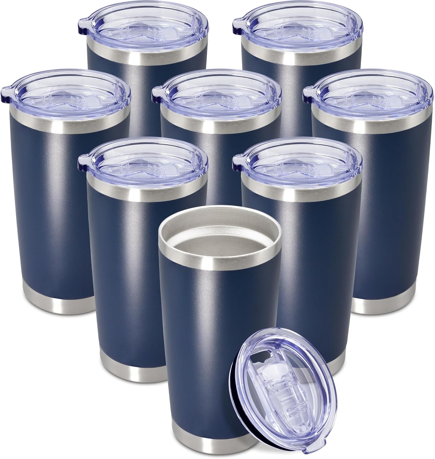 20 oz Tumbler Coffee Tavel Tumblers Bulk with Lid Stainless Steel Double Wall Vacuum Insulated Mug Powder Coated Cups fit Car Cupholder for Hot and Cold - Navy, 8Pack