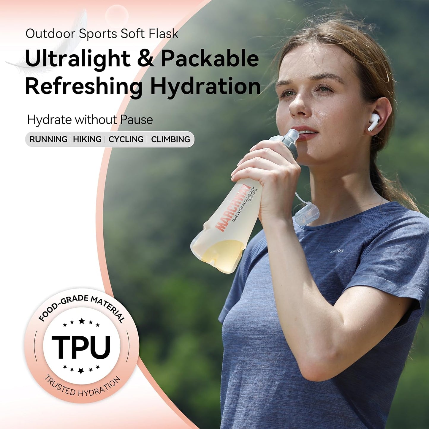 MARCHWAY Soft Hydration Flask with Wide Mouth, 300ml/500ml Collapsible TPU Water Bottle, Leakproof Portable Flexible for Running, Hiking, Cycling, Climbing, Gym, Travel (2pcs White 500ml)