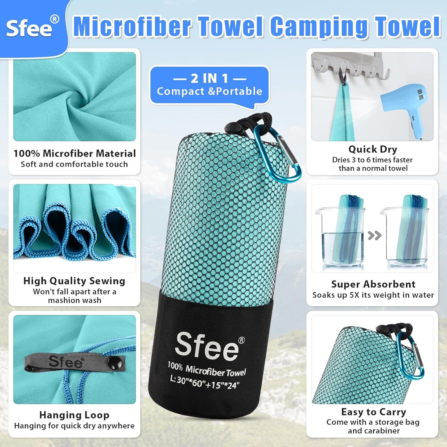 Sfee 2 Pack Microfiber Travel Towel, Quick Dry Towel Camping Towel Large Beach Towel Super Absorbent Compact Lightweight Sport Gym Towels for Beach, Gym, Hiking, Pool, Backpacking, Bath, Yoga
