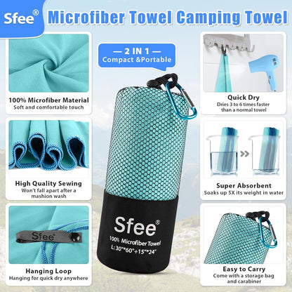 Sfee 2 Pack Microfiber Travel Towel, Quick Dry Towel Camping Towel Super Absorbent Compact Lightweight Sports Gym Towel Beach Towels Set for Gym, Hiking, Pool, Backpacking, Bath, Yoga