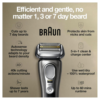 Braun Electric Razor for Men, Series 9 Pro 9465cc Wet & Dry Electric Foil Shaver with ProLift Beard Trimmer, Cleaning & Charging SmartCare Center, Head Shavers for Bald Men, Noble Metal
