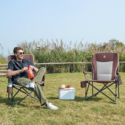 EVER ADVANCED Oversized Folding Camping Chair, for Adults Heavy Duty Lawn Chair with Side Pockets, Portable Collapsible Quad Chair for Outside, Support Up to 500lbs, Red 2Pack
