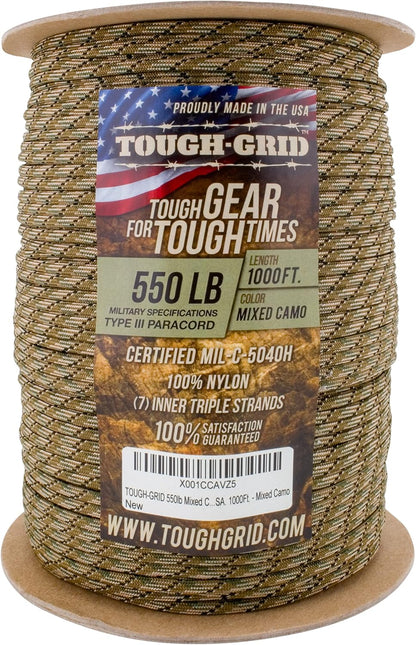 TOUGH-GRID 550 Paracord Rope Nylon Parachute Cord, Made in USA Survival Kit, Outdoor Adventures, Camping, Tactical Gear & Emergency Supplies, Military Type III Mil-Spec