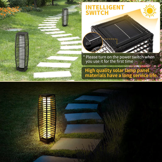 Solar Powered Outdoor Floor, 2 Piece Solar Outdoor Floor Lamps Lanterns Waterproof, Resin Wicker Weather-Resistant Rattan Deck Light for Patio, Lawn, Porch, Garden