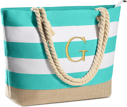 YOOLIFE Initial Canvas Waterproof Beach Tote Bag Zipper Personalized Gifts for Women Her Birthday Travel Beach Essential