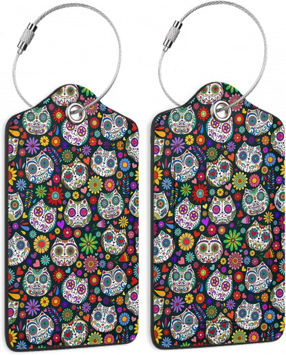 Sugar Skull Cat 2 Pack Luggage Tag for Suitcases Day of The Dead PU Leather Bag Travel Suitcase ID Identifier Baggage Tags for Women Men Travel