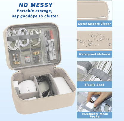 Electronics Organizer,Travel Cord Organizer Pouch, Portable Cable Organizer Bags, Waterproof Electronic Accessories Storage Case for Cables, Cords, Charger, Phone (Double Layer-Beige)