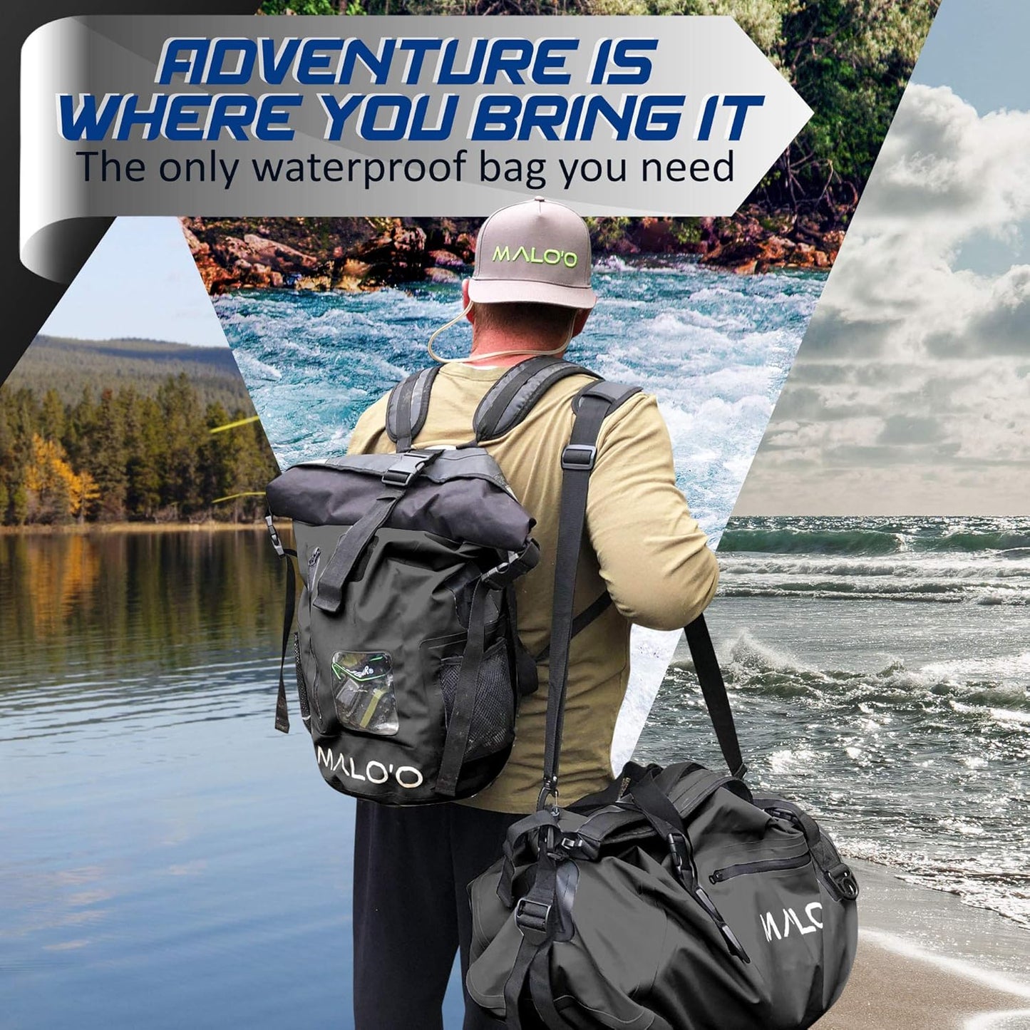 Malo'o Waterproof Dry Bag Duffel 40L/60L/100L, Roll Top Duffel Keeps Gear Dry for Kayaking, Rafting, Boating, Swimming, Camping, Hiking, Beach, Fishing - Internal & External Pockets