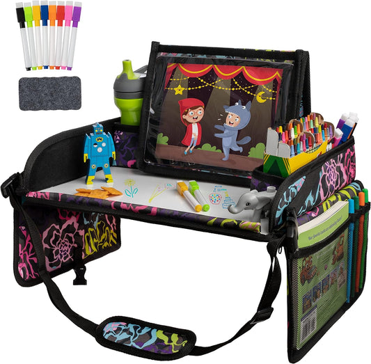 Lusso Gear Kids Travel Tray for Car - Road Trip Essentials for Kids - Car Seat Tray for Toddlers & Kids - for Airplane, Kids Travel Desk, Road Trip Activities (Floral)