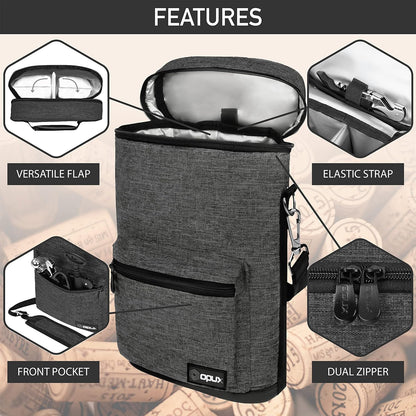 Opux 2 Bottle Wine Tote Carrier, Insulated Cooler Bag for Travel Picnic, Leakproof Padded Case, Wine Gifts for Women & Men, Charcoal Gray