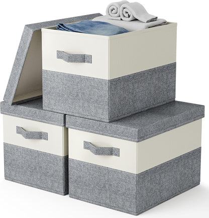 Fabric Large Storage Bins with Lids 3 Pack Collapsible, Linen Closet Organizers and Storage, Baskets for Organizing, Purse Organizer for Closet, Shelf Baskets, 15x10.6x10