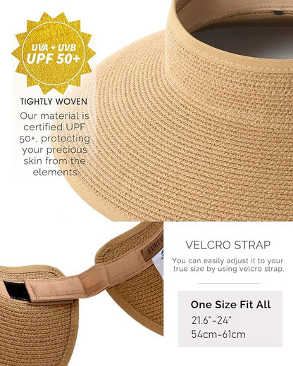 FURTALK Sun Hats for Women Wide Brim Beach Hat Straw Visor Ponytail Summer UV Packable Foldable Beach Vacation Essentials
