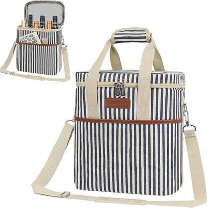 opux 6 Bottle Carrier Tote | Insulated Padded Wine Cooler Bag for Travel. Picnic, BYOB | Portable Leakproof Wine Tote Bag for Dinner, Party, Christmas, Wine Gift for Women, Men (Stripe Navy)
