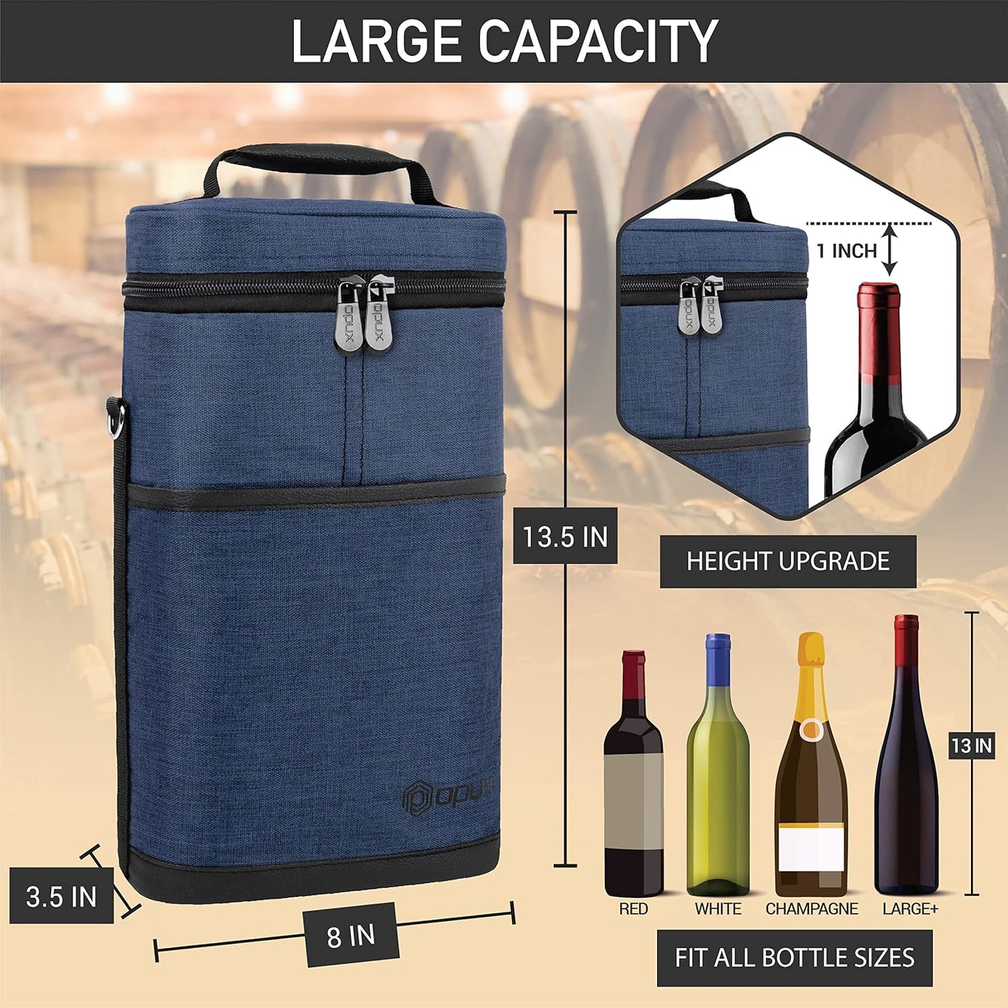 opux 2 Bottle Wine Carrier Tote, Insulated Leakproof Wine Cooler Bag, Wine Travel Bag for Picnic BYOB Beach, Portable Wine Bottle Carrying Case, Gift for Wine Lover Women Men Christmas, Navy