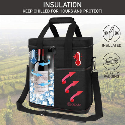 opux 6 Bottle Carrier Tote | Insulated Padded Wine Cooler Bag for Travel. Picnic, BYOB | Portable Leakproof Wine Tote Bag for Dinner, Party, Christmas, Wine Gift for Women, Men (Black)